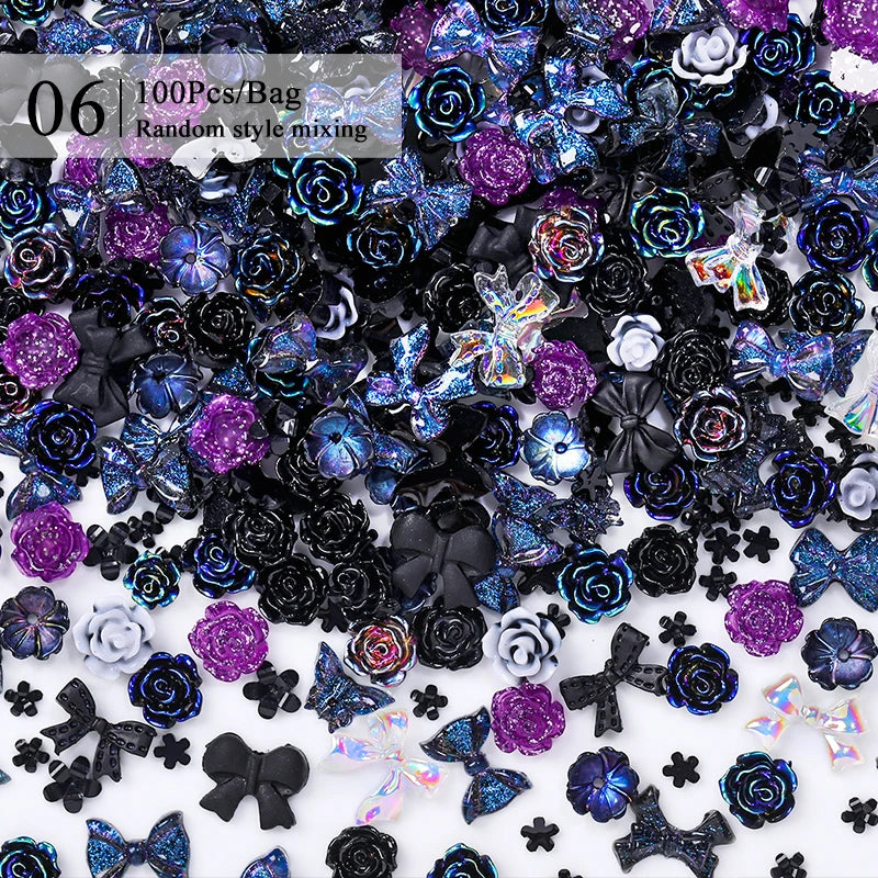 100/200pcs 3D Mixed Nail Decorations Kawaii Heart Flower Bear Pearl Design Rhinestone Nail Art Charms Jewelry Manicure Accessory