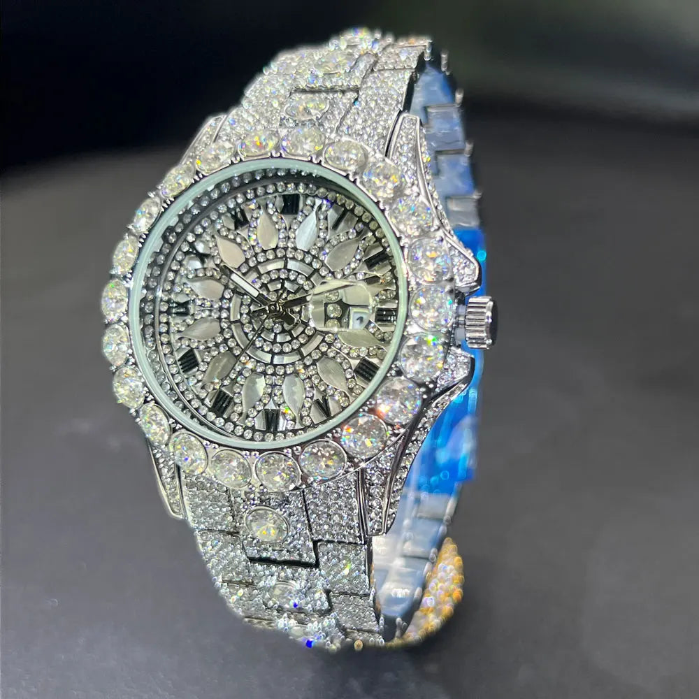 MISSFOX Fashion lced Out Silver Mens Watch Luxury Calendar Waterproof Watch For Man Hip Hop High Quality Big Diamond Wristwatch