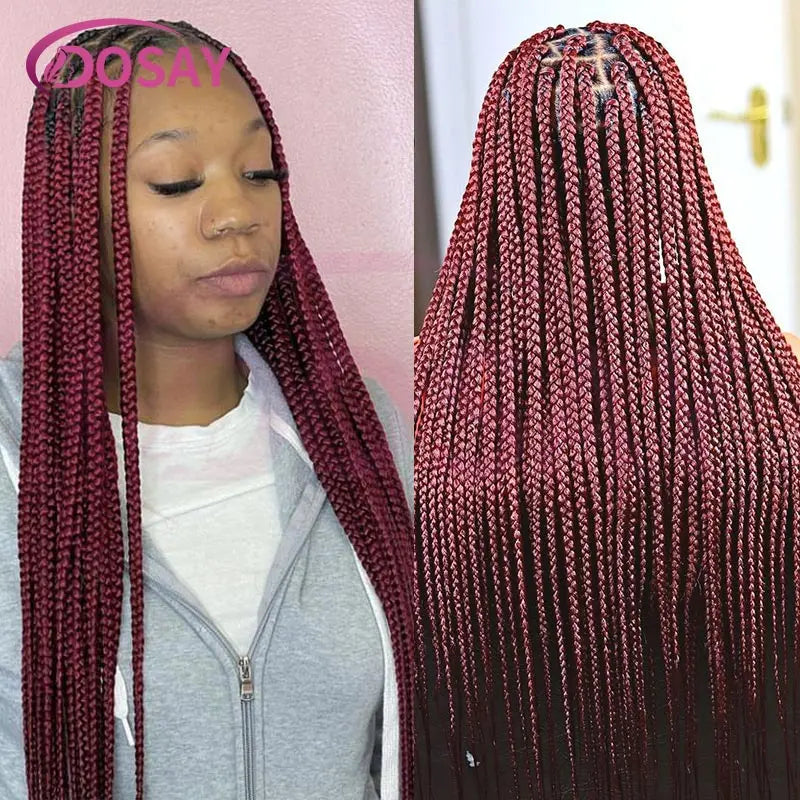 36Inch Burgundy Synthetic Long Box Braided Wig Full Lace Straight Knotless Cornrow Braid with Baby Hair for Women
