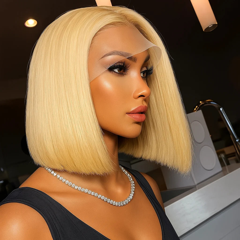 613 Blonde Short Bob Wig Human Hair 13x4 Lace Front Wigs Human Hair Pre Plucked Transparent Lace 180% Density Lace Frontal Wig