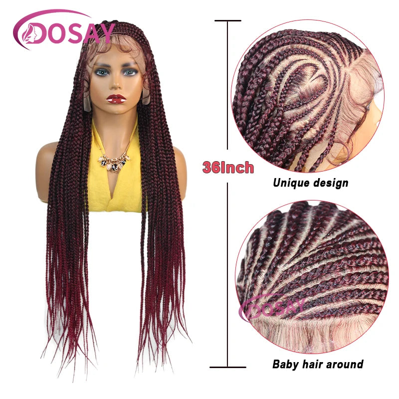 Burgundy Heart Synthetic  Full Lace Braided Wigs Knotless Cornrow Braid Lace Wig For Women Box Braids Wig With Baby Hair 36Inch