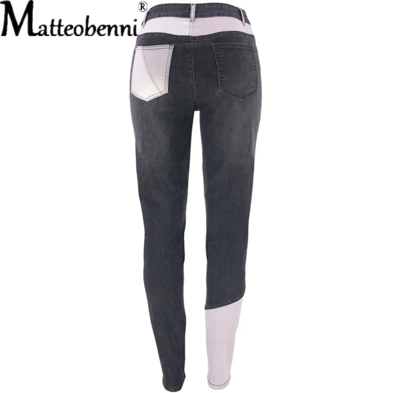 2026 Autumn And Winter High Waist Stitching Dark Denim Skinny Calf Trousers Ladies Fashion Street Casual Black Women's Jeans