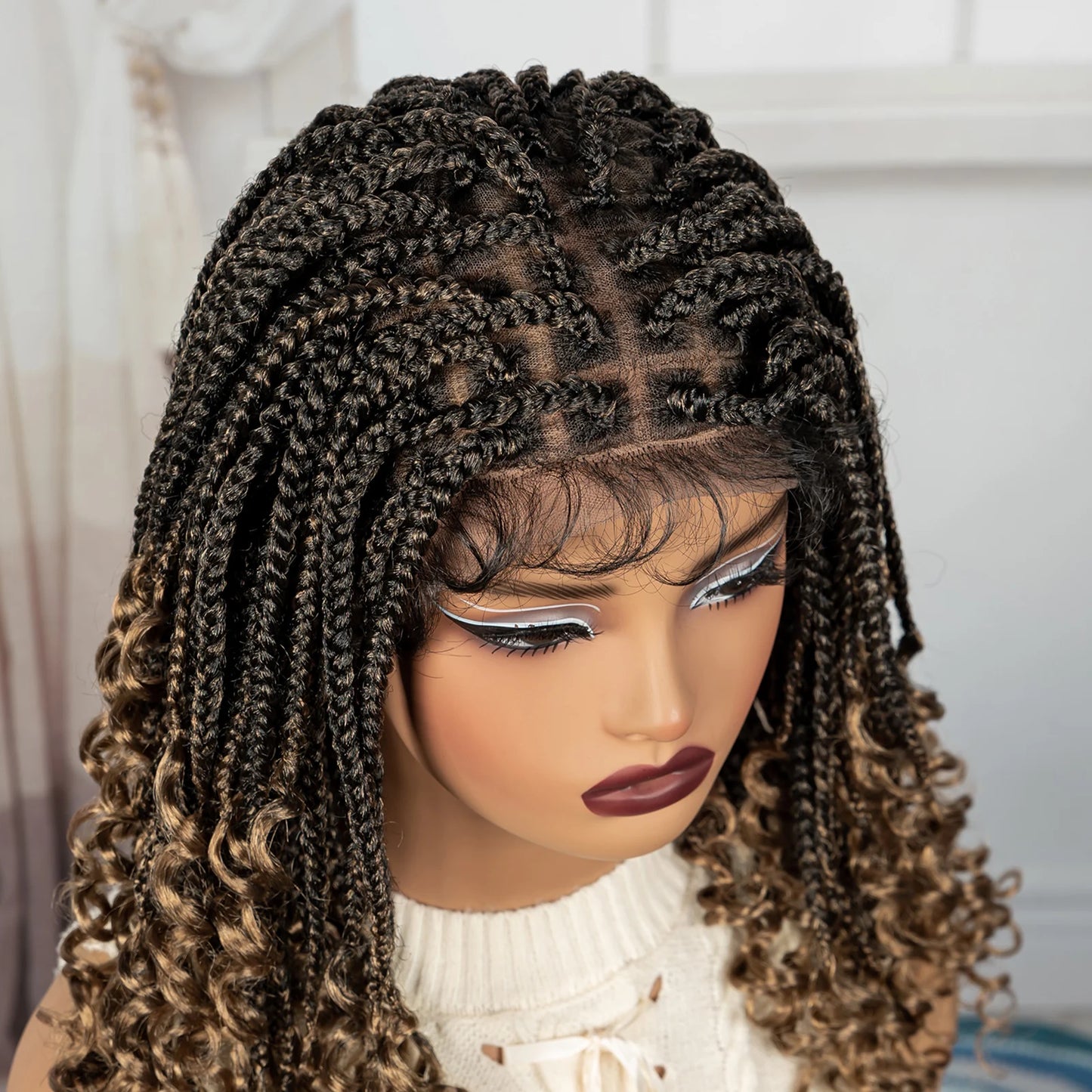 Knotless Box Boho Braided Wigs with Curly Ends Synthetic Full Lace Braided Lace Wigs Short Braided Bob Wig for Black Women