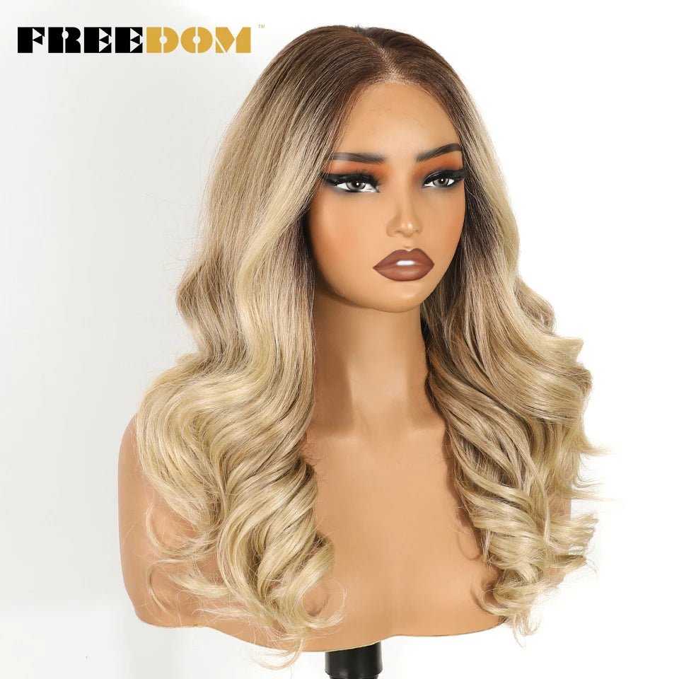 FREEDOM Body Wave Synthetic Lace Front Wigs For Women 9x6 Pre Plucked Lace Wig 20 inches Pre-cut Ombre Brown Blonde Cosplay Wigs