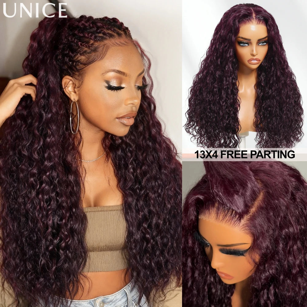 UNice Pre Everything 13x4 Lace Frontal Black Cherry Water Wave Human Hair Wig Pre Ear Tape Peel & Stick Glueless Wig Ready-to-go