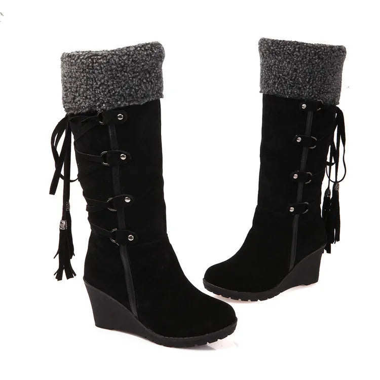 Women's High Boots 2022 Winter Fashion Lace-up Tassel Long Boots Women Platform Wedge Snow Boots Warm Cotton Boots Botas Mujer