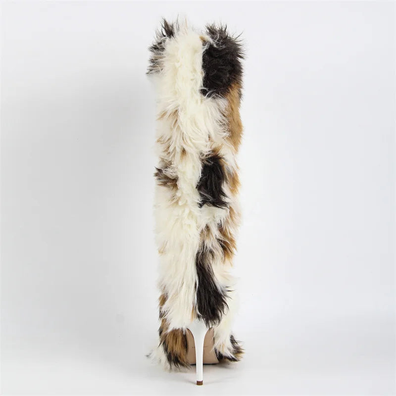 Onlymaker  Women Knee High Boots Thin High Heel Furry Boots Faux Fur Fury Boots Winter Plush Boots