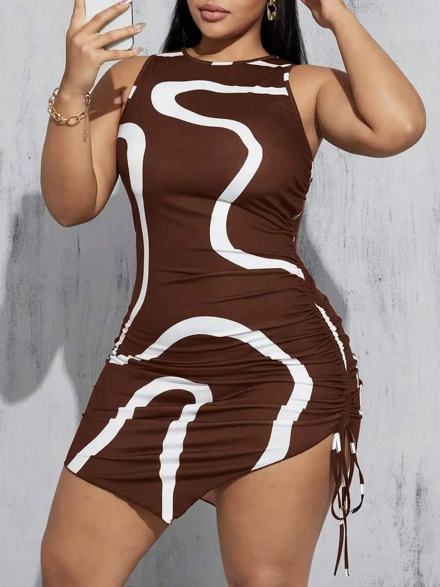 Plus Size Women Summer Bodycon Dress With Drawstring Asymmetrical Print Black