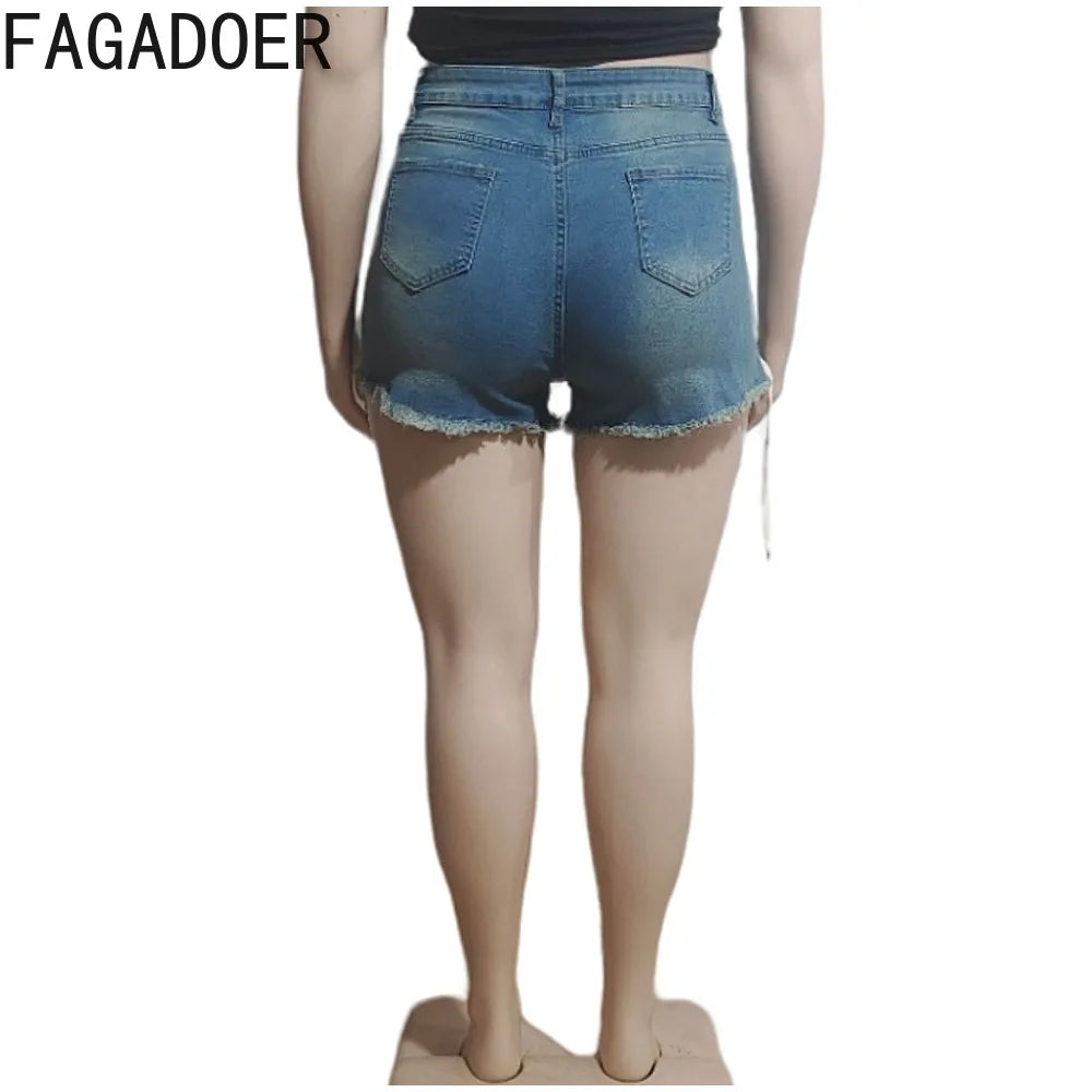 FAGADOER Fashion Hot Girl Street Lace Up Jean Shorts Women High Waisted Button Slim Denim Shorts Female Bandage Cowboy Bottoms