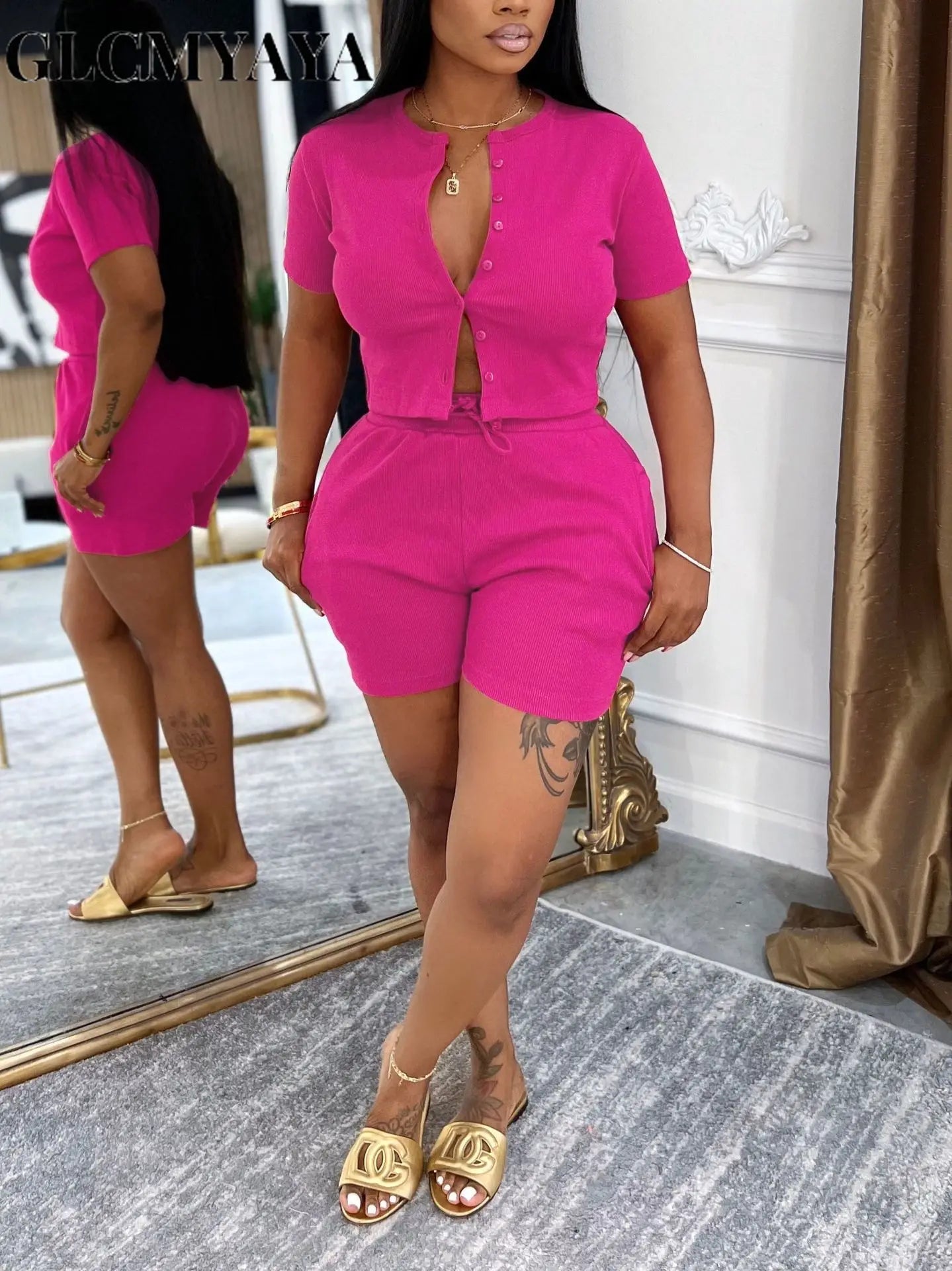 GLCMYAYA Fashion Knit Ribbed Women's Set Short Sleeve Single Breasted Tops and Shorts 2025 Tracksuit Two 2 Piece Set Outfits