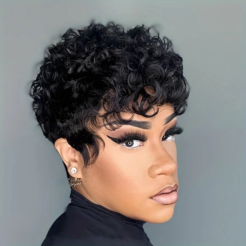 pixie cut natural black color 6inch daily party christmas use remy wig machine made wig 150% density short curly human hair wigs