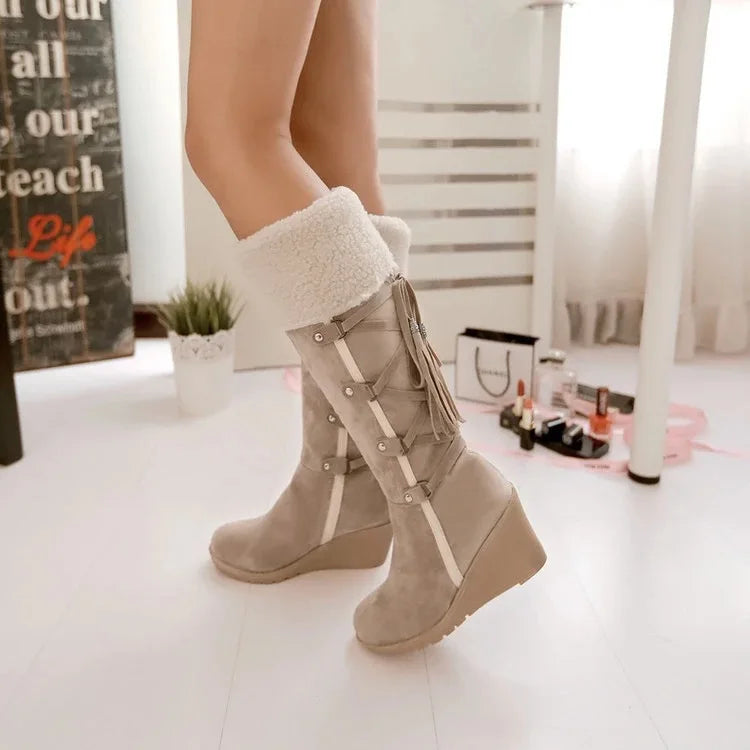 Women's High Boots 2022 Winter Fashion Lace-up Tassel Long Boots Women Platform Wedge Snow Boots Warm Cotton Boots Botas Mujer