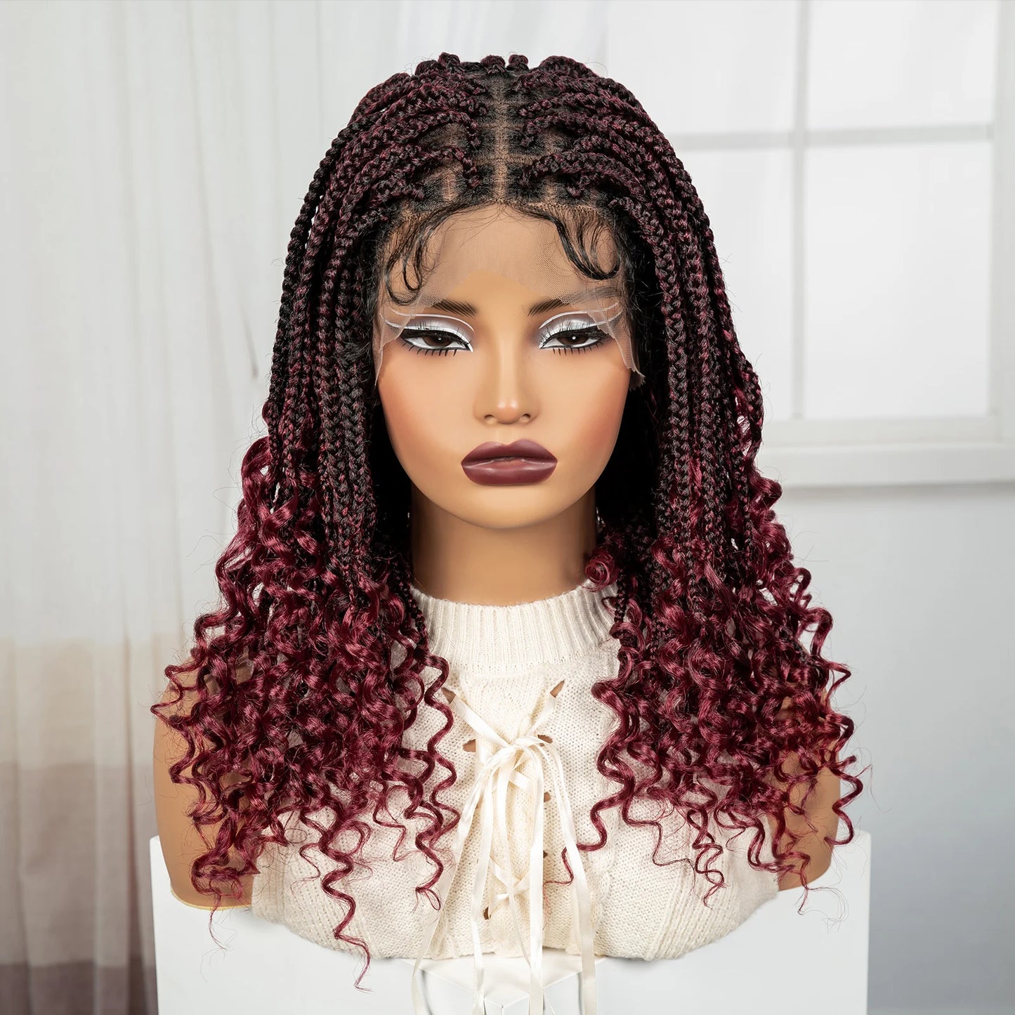 Knotless Box Boho Braided Wigs with Curly Ends Synthetic Full Lace Braided Lace Wigs Short Braided Bob Wig for Black Women