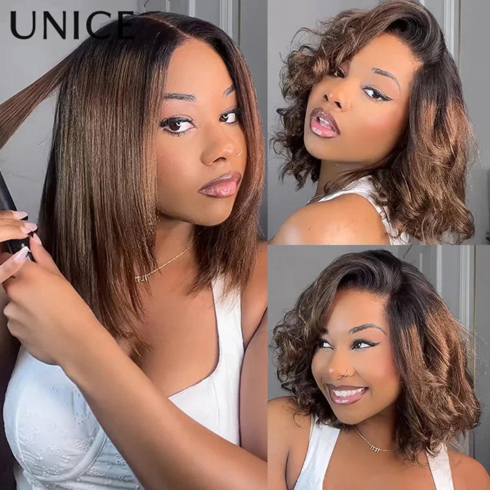 UNice Hair 7x5 & 13x4 Lace Chestnut Brown Ombre Yaki Straight Bob Wig With Drawstring Pre Cut Pre Bleached Glueless Wig Human Hair Ready To Wear
