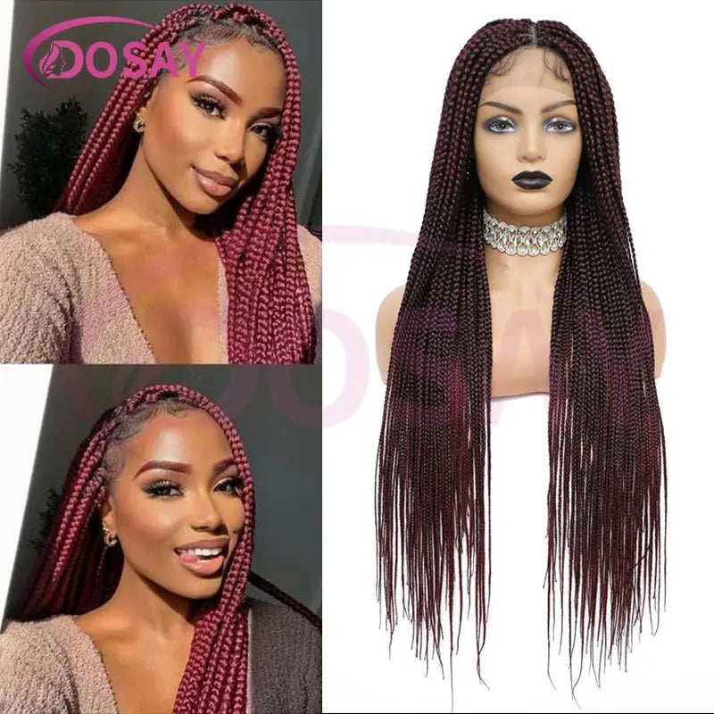 36Inch Burgundy Synthetic Long Box Braided Wig Full Lace Straight Knotless Cornrow Braid with Baby Hair for Women