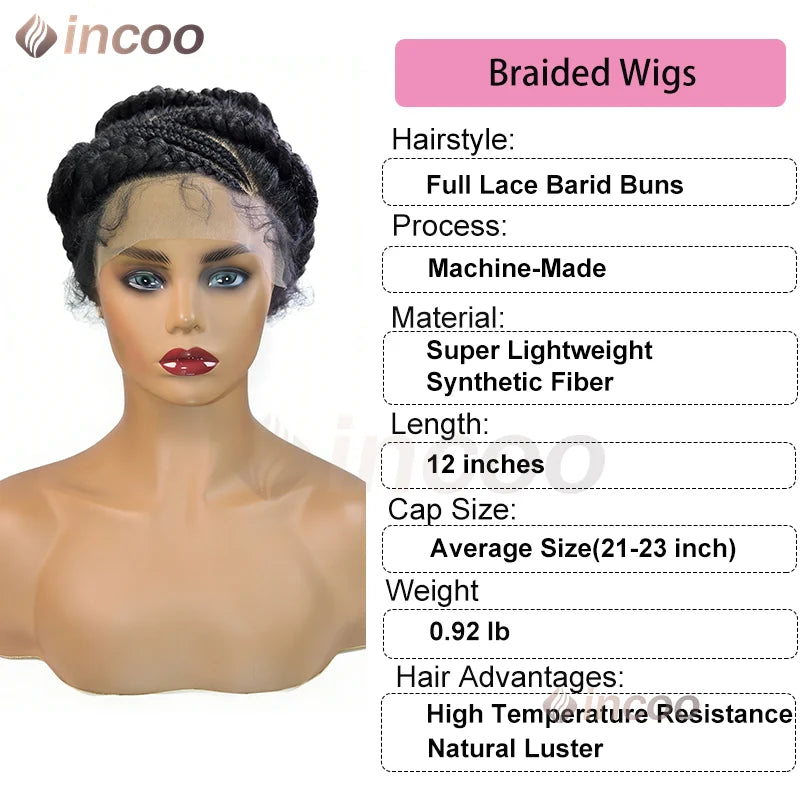 12 Inch African Cornrow Box Braids Bun Short Synthetic Full Lace Braided Wigs Glueless Natural Looking Box Braids Hair for Women