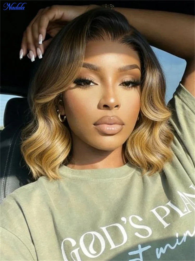 Nadula Highlights Wavy Bob Glueless Wig with Dark Root 13x4 Pre Cut Lace Bye Bye Slip Short Bob Human Hair Wig Ready to Wear