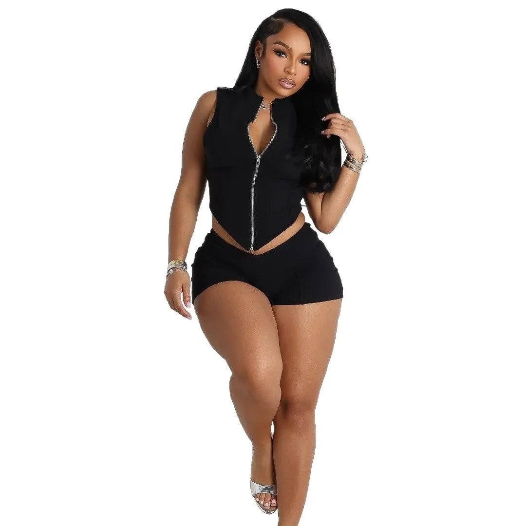 Sexy Slim Fit Black Women's Zipper Shoulder Short Pants Two-Piece Set Fashionable Cross-Border New Arrival Women's Wear