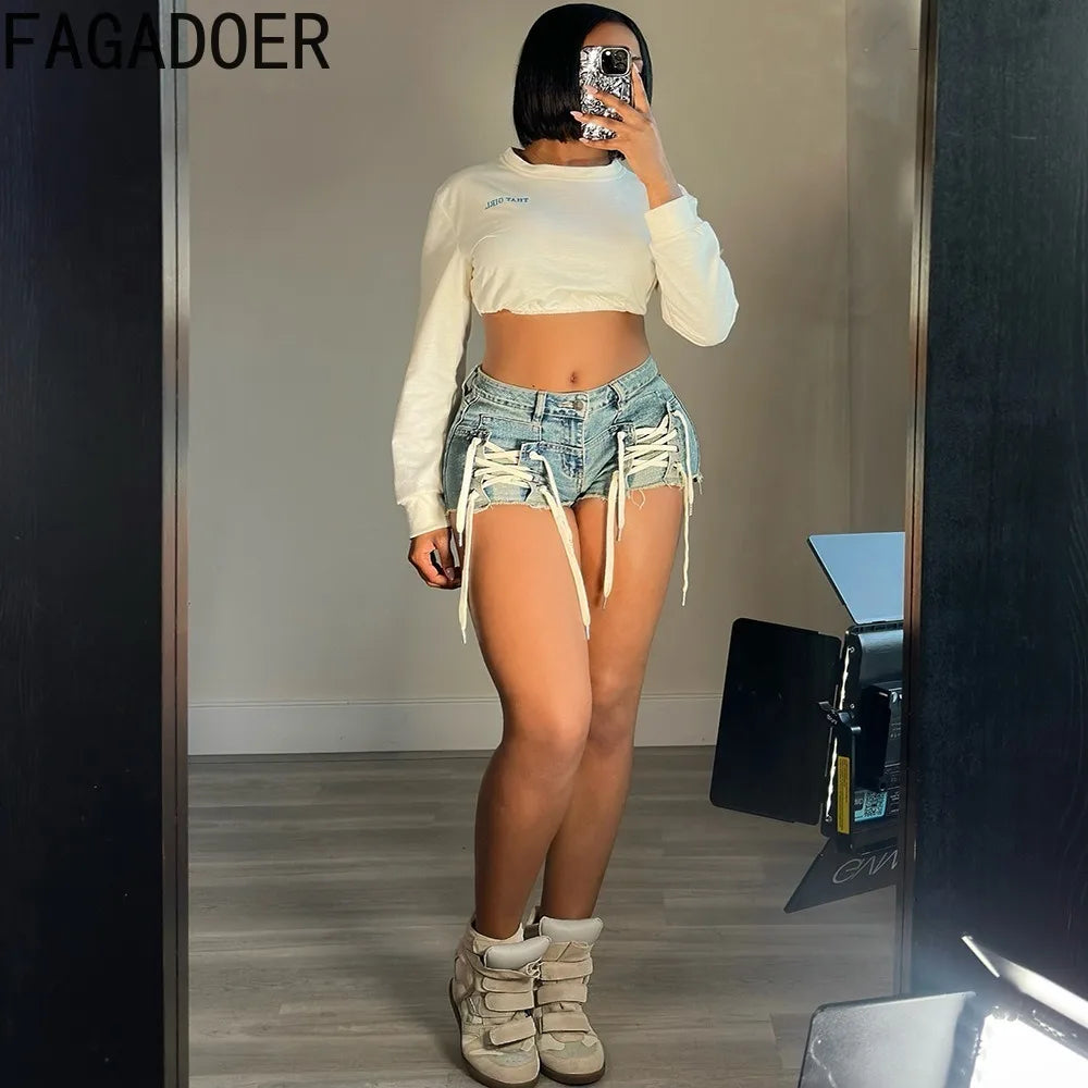 FAGADOER Fashion Hot Girl Street Lace Up Jean Shorts Women High Waisted Button Slim Denim Shorts Female Bandage Cowboy Bottoms