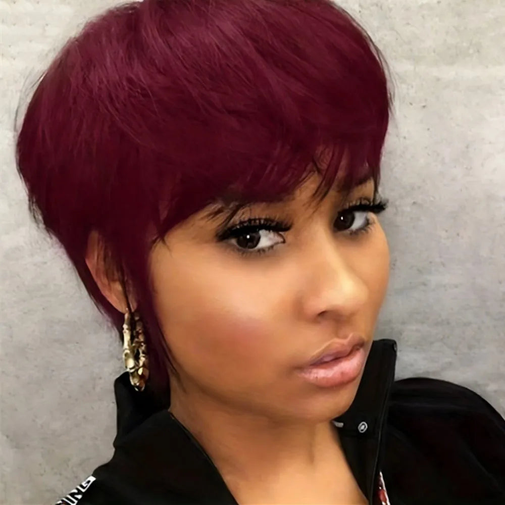 short straight human hair wig machine made pixie wig black brown color pixie cut wig for women daily party use wig