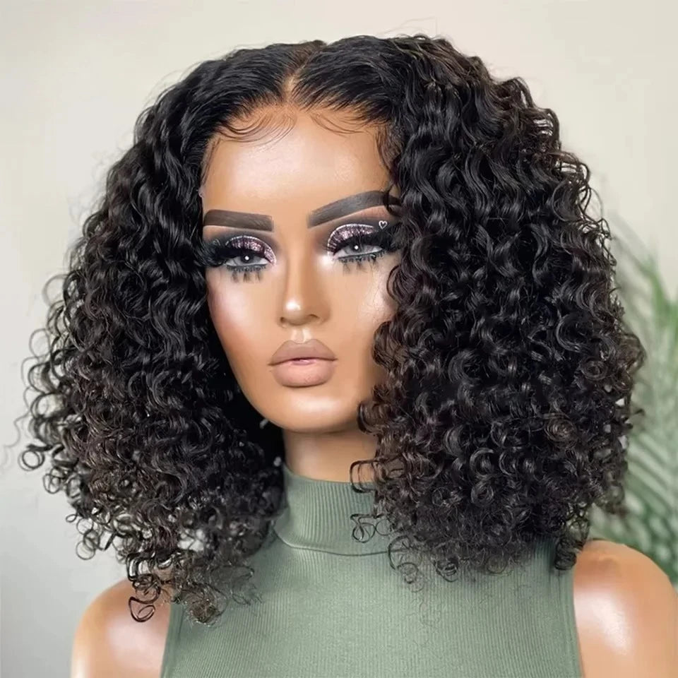 4C Human Hair Deep Glueless Short Bob Wig 10-14 Inch Deep Wave Lace Front Bob Wigs 100% Human Hair 13x6x2 Middle Part Bob Wigs