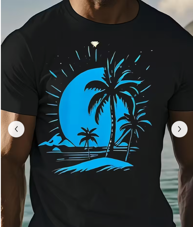 Men'S Casual Cotton T-Shirt with Tropical Palm Tree And Crescent Pattern, Short Sleeves, Round Neck - Perfect for Summer Activities