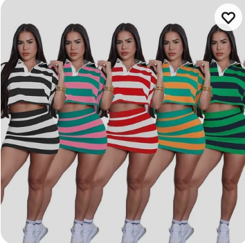 Women’s Striped 2 Piece Outfit Set Crop Top & Mini Skirt Bodycon