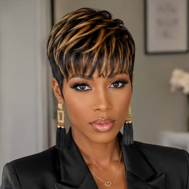 Brazilian Human Hair Wig for Women, 120% Density Short Pixie Style with Soft Layered Bangs, 1B/30 Colors, Straight Hair