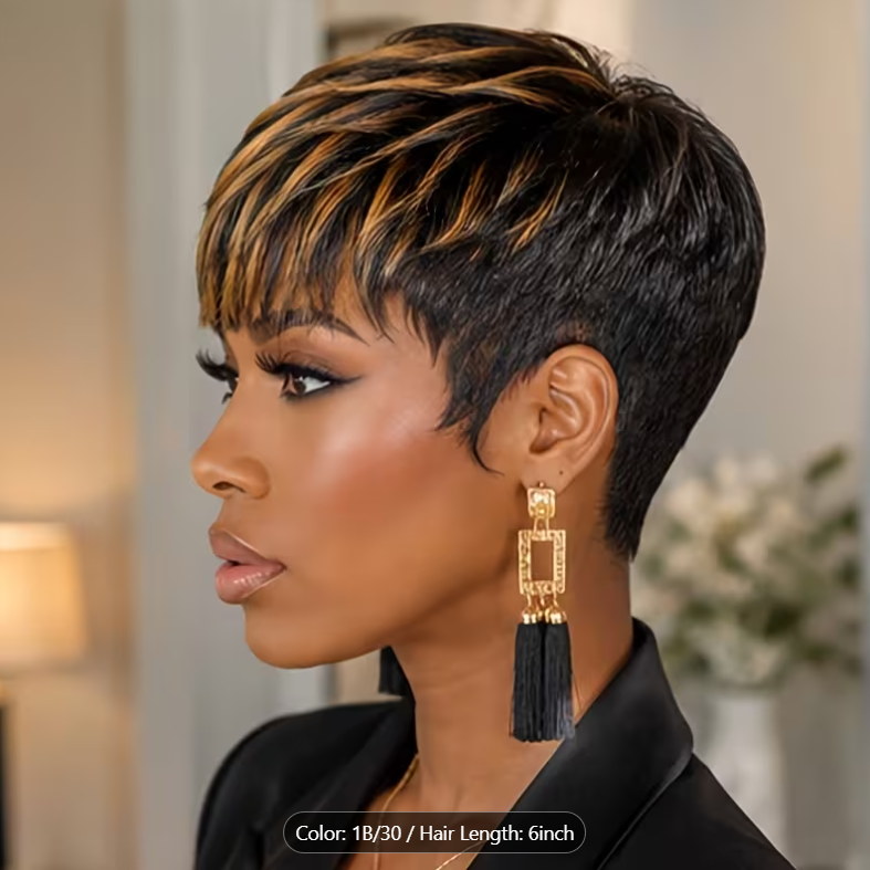 Brazilian Human Hair Wig for Women, 120% Density Short Pixie Style with Soft Layered Bangs, 1B/30 Colors, Straight Hair