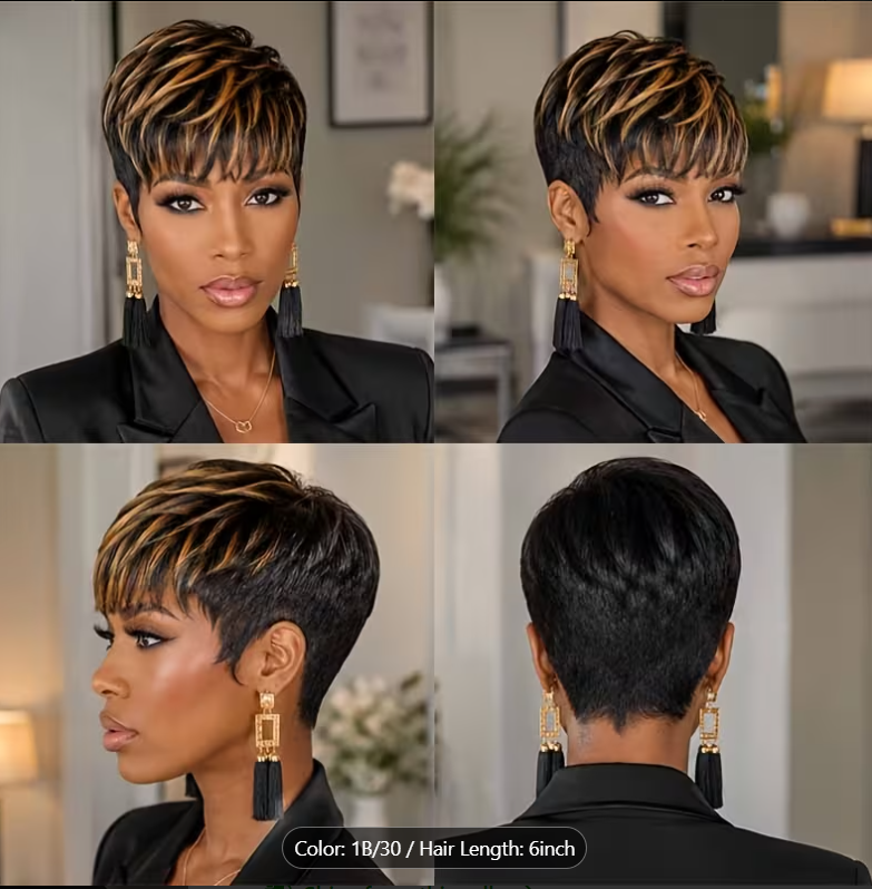 Brazilian Human Hair Wig for Women, 120% Density Short Pixie Style with Soft Layered Bangs, 1B/30 Colors, Straight Hair