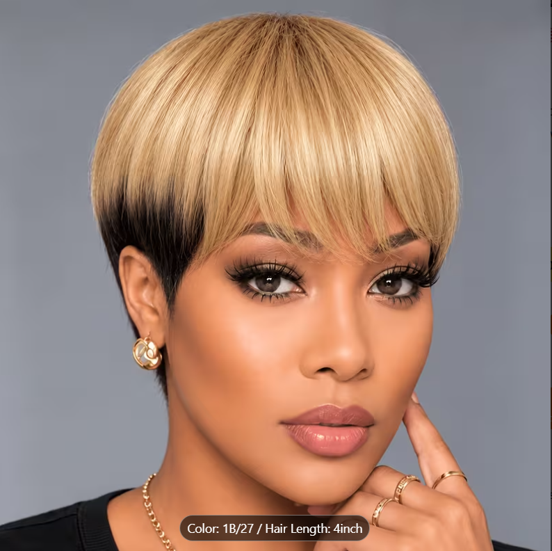 Pixie Cut Wigs for Women Human Hair Wig Bob Wig Human Hair Glueless Short Wig Layered None Lace Front Wig with Bangs Natural Straight Full Machine Made Wig 1B/27