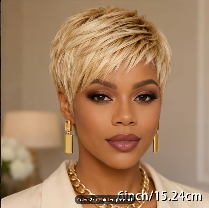 Brazilian Virgin Human Hair Wig Suitable for Women - Blonde Pixie Cut Short Layered Wig with Bangs, 120% Density Glueless