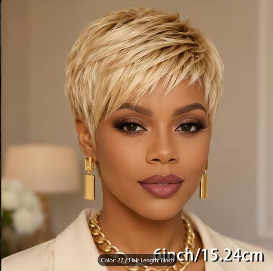 Brazilian Virgin Human Hair Wig Suitable for Women - Blonde Pixie Cut Short Layered Wig with Bangs, 120% Density Glueless