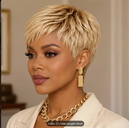 Brazilian Virgin Human Hair Wig Suitable for Women - Blonde Pixie Cut Short Layered Wig with Bangs, 120% Density Glueless