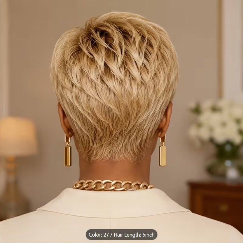 Brazilian Virgin Human Hair Wig Suitable for Women - Blonde Pixie Cut Short Layered Wig with Bangs, 120% Density Glueless