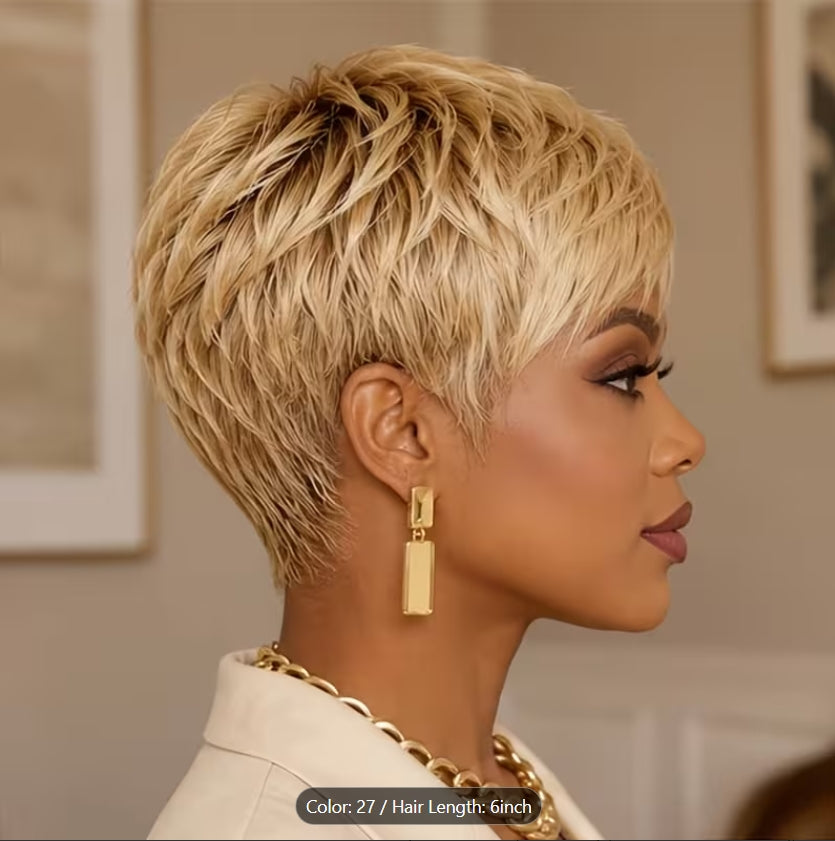 Brazilian Virgin Human Hair Wig Suitable for Women - Blonde Pixie Cut Short Layered Wig with Bangs, 120% Density Glueless