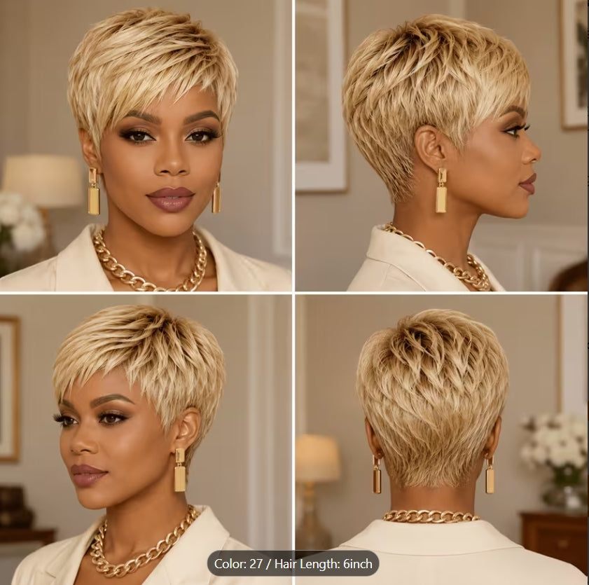 Brazilian Virgin Human Hair Wig Suitable for Women - Blonde Pixie Cut Short Layered Wig with Bangs, 120% Density Glueless