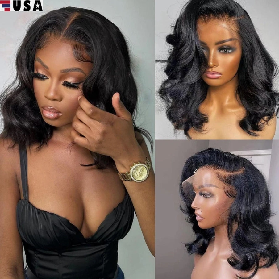 14" Glueless Brazilian Bob Wigs Human Hair Natural Black Wave Lace Front Wigs