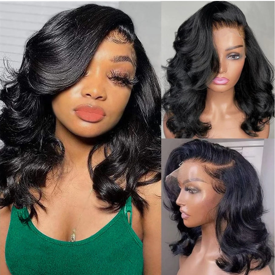 14" Glueless Brazilian Bob Wigs Human Hair Natural Black Wave Lace Front Wigs