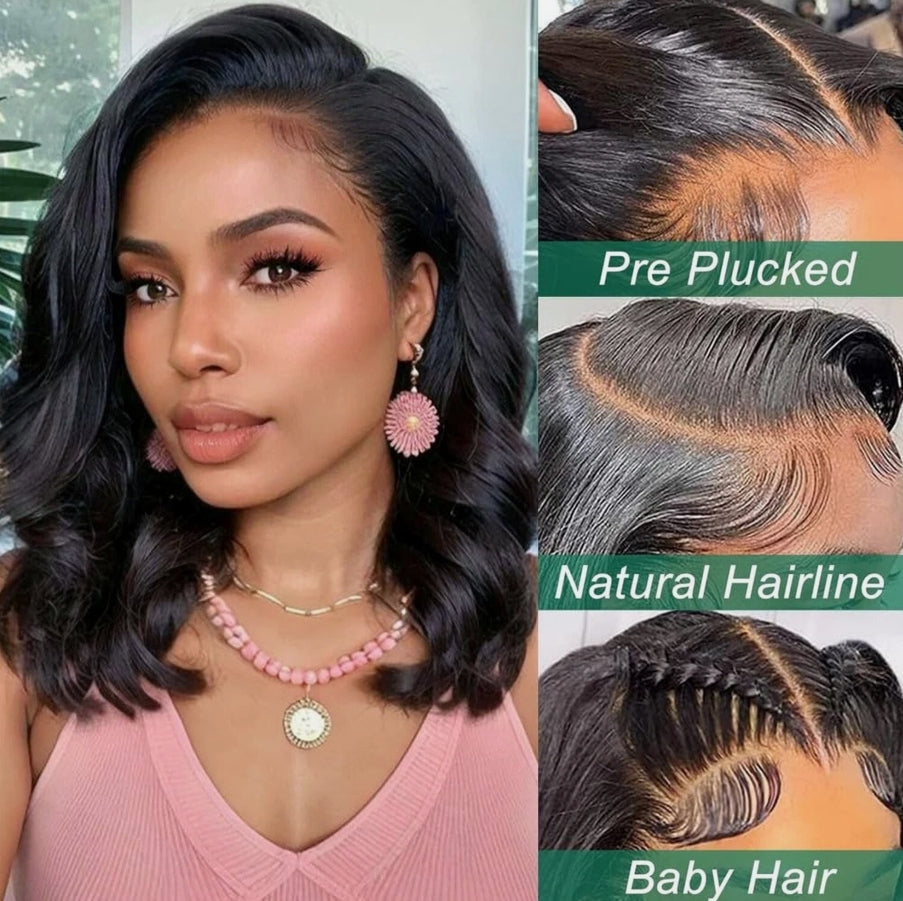 14" Glueless Brazilian Bob Wigs Human Hair Natural Black Wave Lace Front Wigs