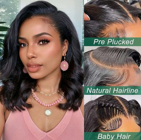 14" Glueless Brazilian Bob Wigs Human Hair Natural Black Wave Lace Front Wigs