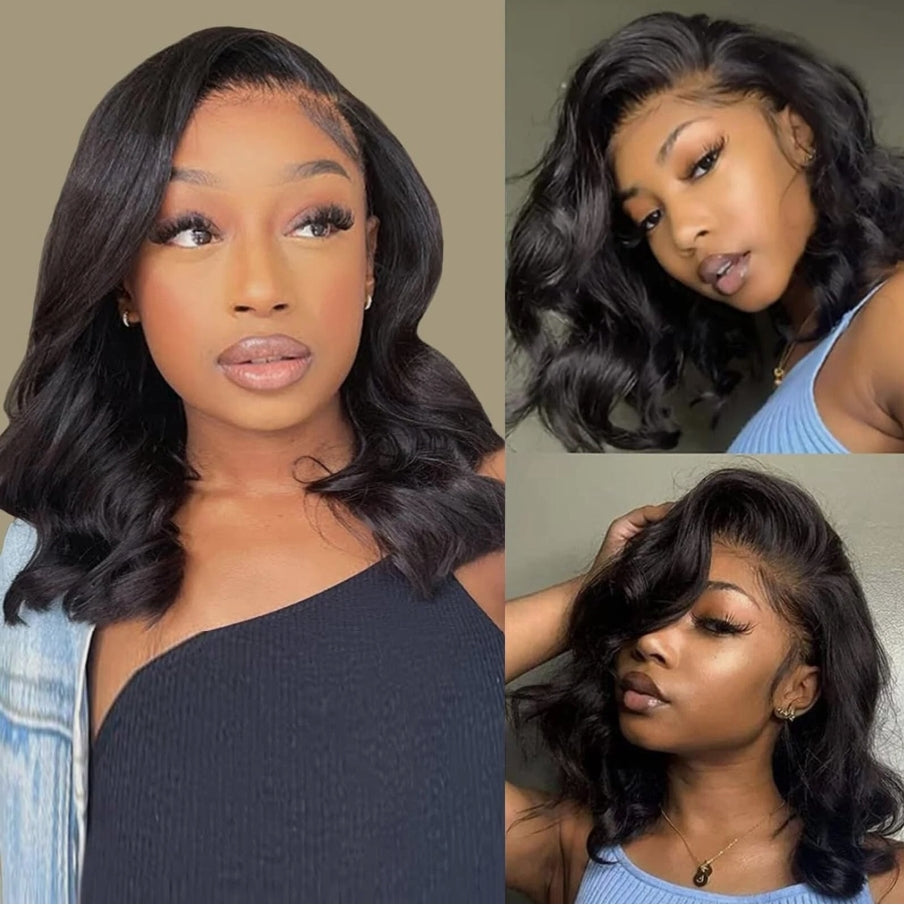 14" Glueless Brazilian Bob Wigs Human Hair Natural Black Wave Lace Front Wigs