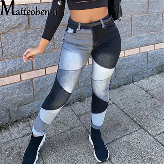 2026 Autumn And Winter High Waist Stitching Dark Denim Skinny Calf Trousers Ladies Fashion Street Casual Black Women's Jeans