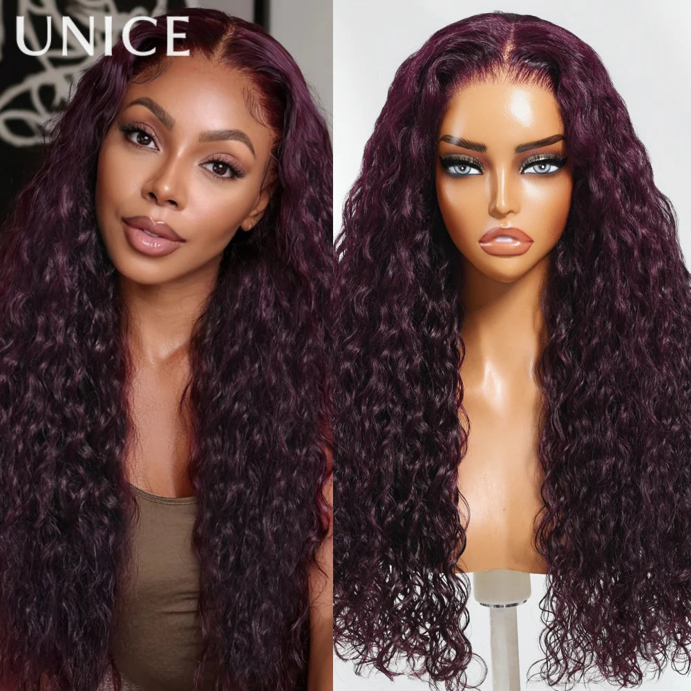 UNice Pre Everything 13x4 Lace Frontal Black Cherry Water Wave Human Hair Wig Pre Ear Tape Peel & Stick Glueless Wig Ready-to-go