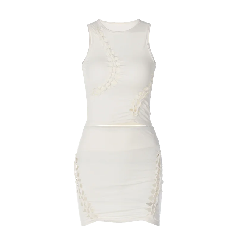 Hugcitar Fashion 2 Pcs Sets Solid O Neck Cut Out Sexy Crop Tank Top Skirt 2025 Spring Summer Women Y2K Clothes Party Vacation
