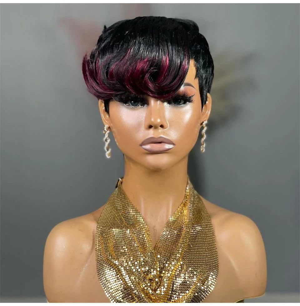 Short Pixie Cut Wigs Human Hair Blonde Green Highlight Short Bob Wigs 613 Burgundy 99J Colored Brown full Machine made Wigs