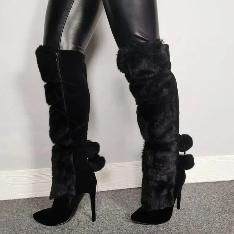 2025 Women Brown Fur Design Pointed Toe Knee High Boots Fashion Warm Lady Spike High Heel Suede Boots Sexy Women Strappy Shoes
