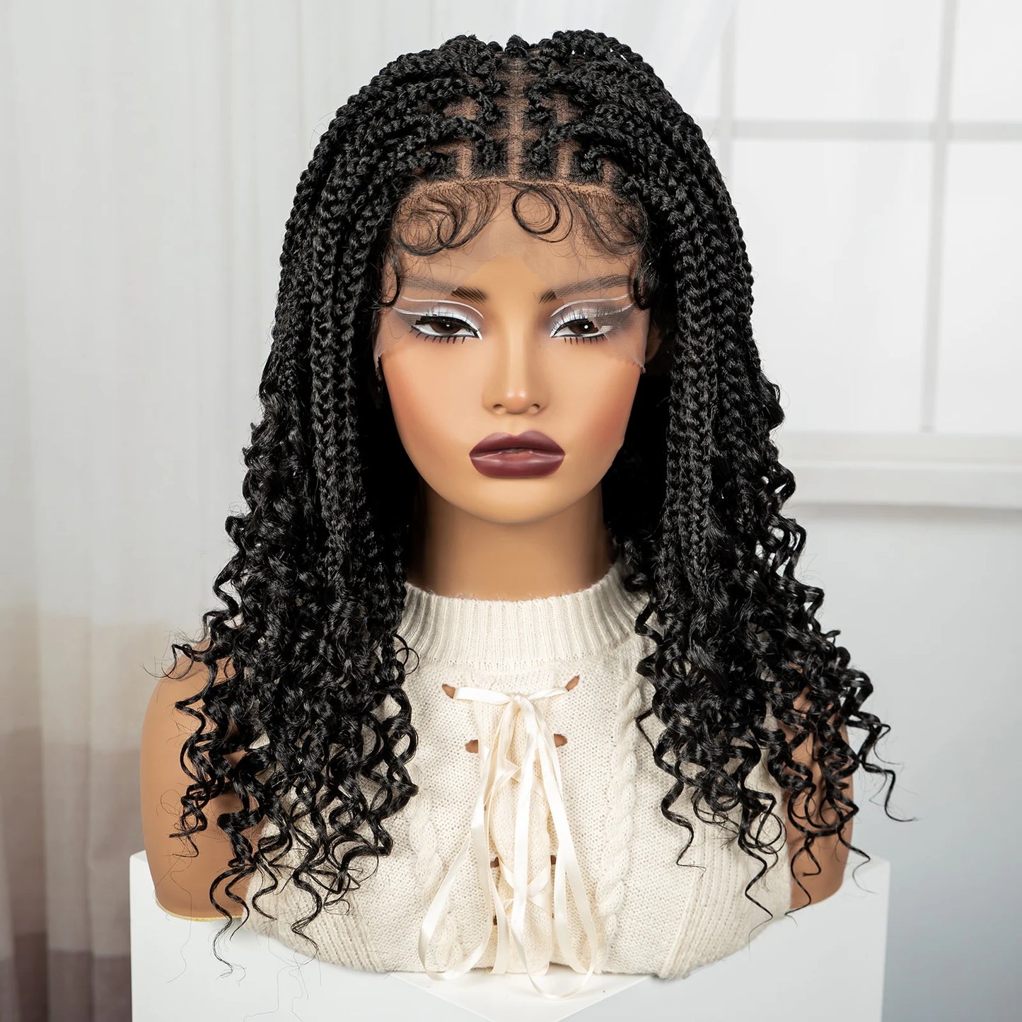 Knotless Box Boho Braided Wigs with Curly Ends Synthetic Full Lace Braided Lace Wigs Short Braided Bob Wig for Black Women