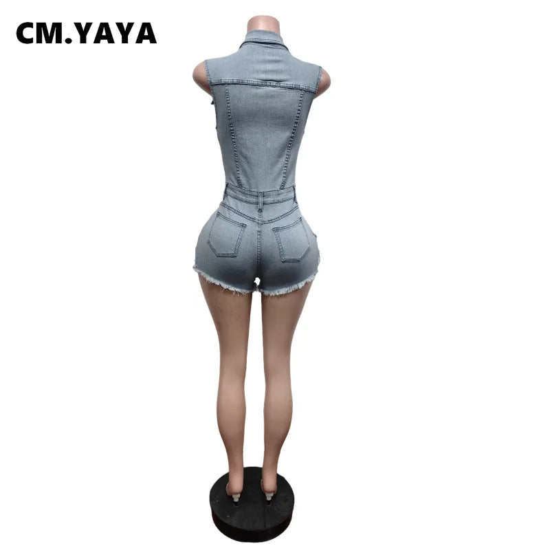 CM.YAYA Women V-neck Short Sleeve Denim tassel Short Jumpsuit Playsuits 2025 Summer Street Party Jeans Romper One Piece Outfits