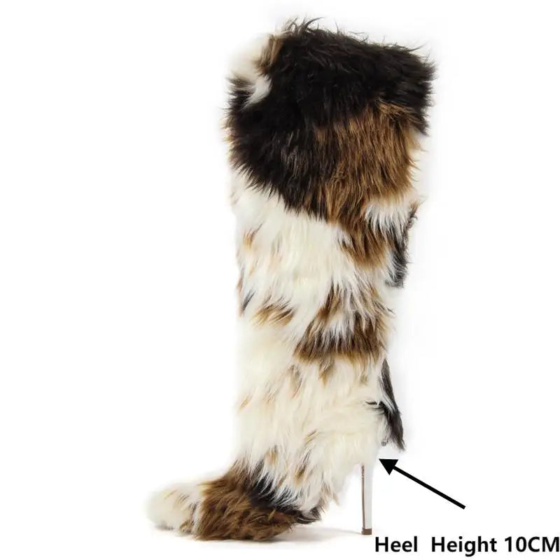 Onlymaker  Women Knee High Boots Thin High Heel Furry Boots Faux Fur Fury Boots Winter Plush Boots